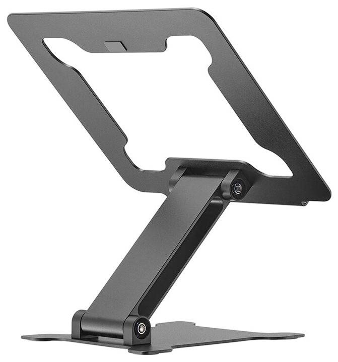 Un supporto per laptop nero metallizzato con angolo di inclinazione regolabile, adatto per impostazioni ergonomiche del posto di lavoro.