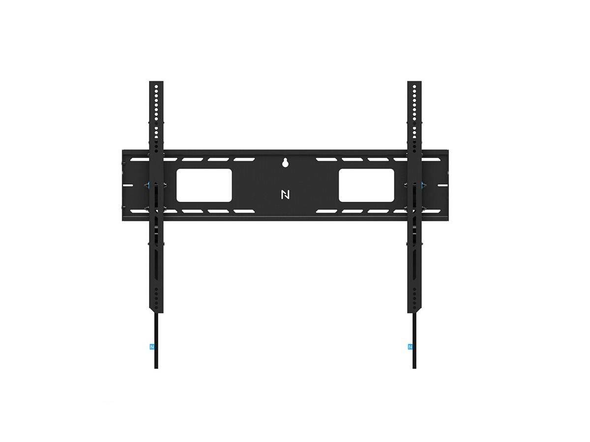 Supporto di montaggio per TV a schermo piatto, nero, con multipli fori di fissaggio e bracci regolabili; idoneo per installazione a parete.