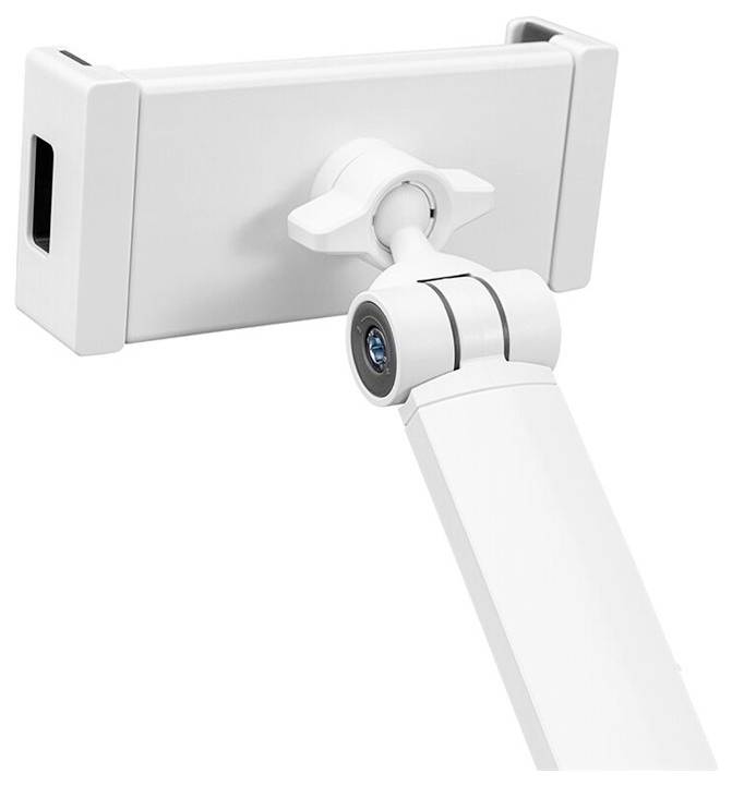 Supporto per smartphone bianco con braccio regolabile e testa rotante, idoneo per l'orientamento flessibile del dispositivo.