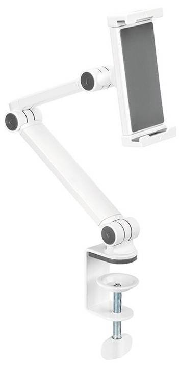 Supporto da tavolo bianco e regolabile per tablet o smartphone, con morsetto a vite per il fissaggio al bordo del tavolo.