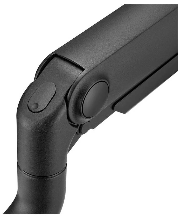 Primo piano di una cerniera nera su un braccio meccanico. Il braccio è progettato ergonomicamente ed è realizzato in metallo.