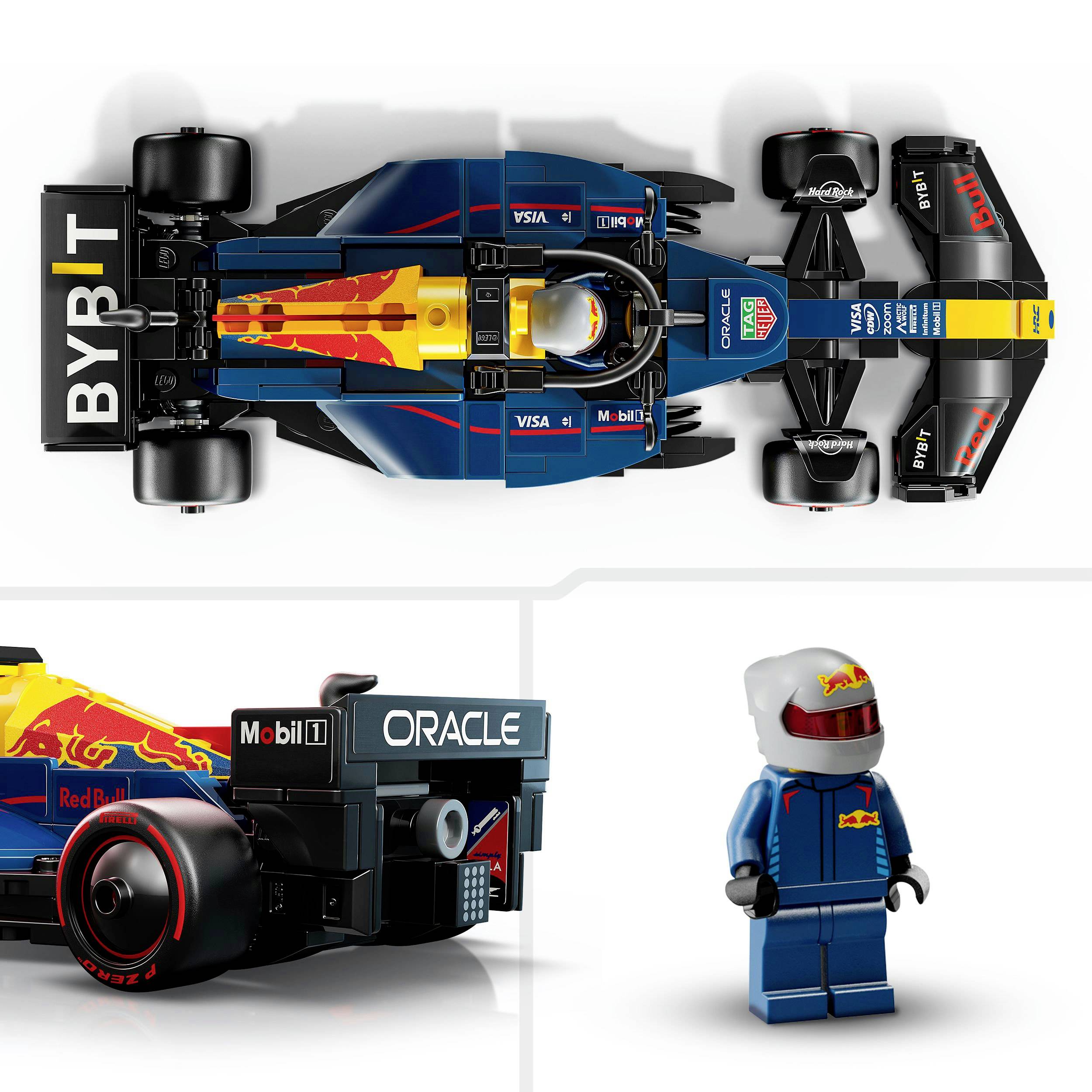 Un veicolo giocattolo e una figura con tuta da corsa costruiti con mattoncini Lego, ispirati a una vettura di Formula 1.