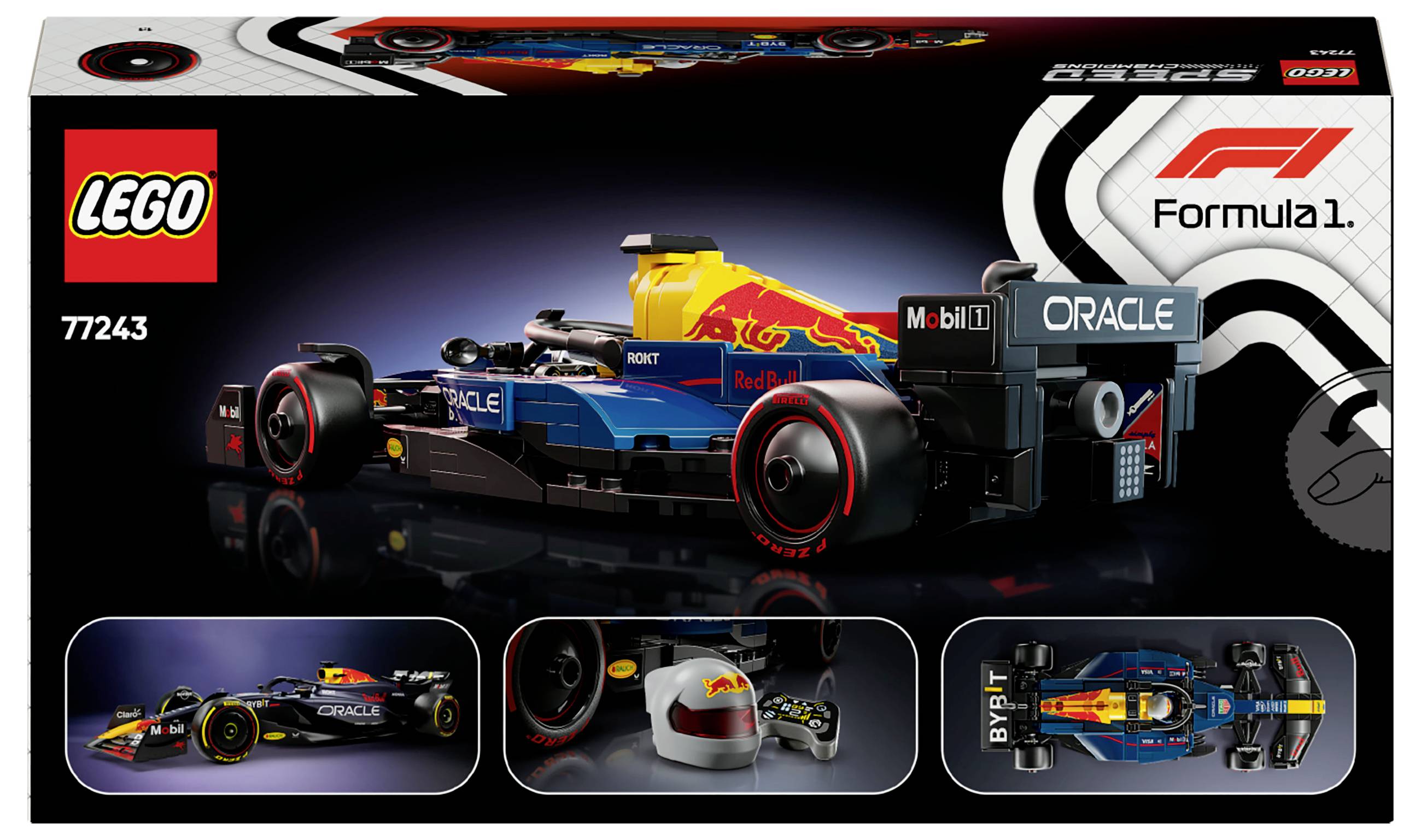 'Set LEGO 77243: Vettura di Formula 1 su sfondo nero, con loghi degli sponsor e anteprima di montaggio in basso.'