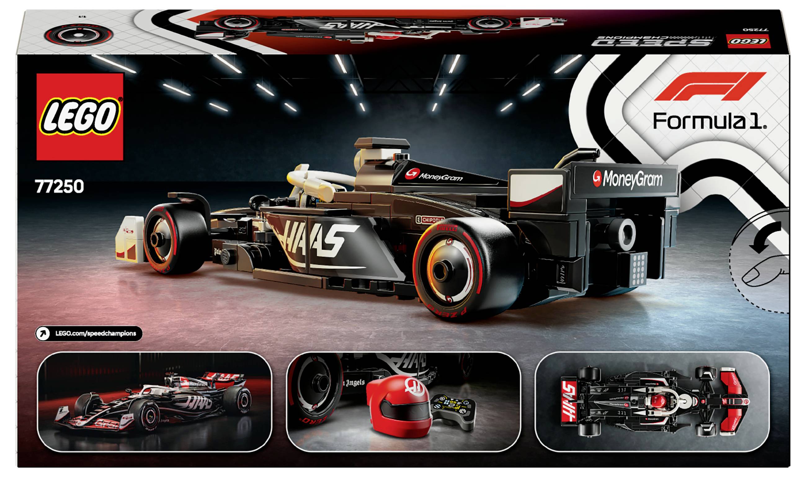 'LEGO Vettura da Corsa 77250', macchina di Formula 1 nera mostrata dall'alto e di lato, con casco rosso e ulteriori dettagli della scena di gara.