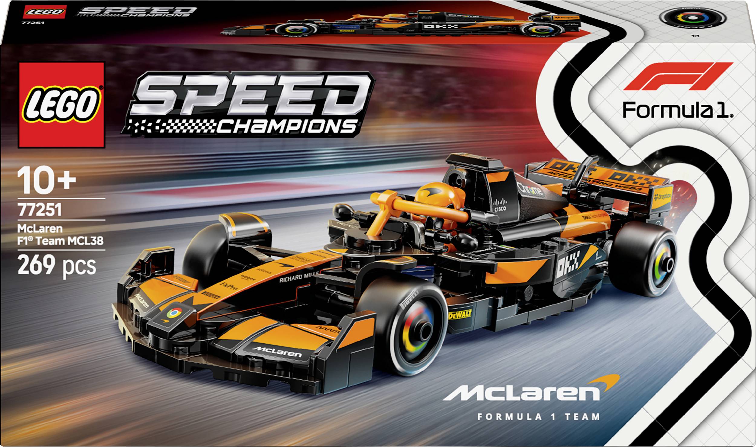 Set LEGO Speed Champions di McLaren. Modello di un'auto di Formula 1 in nero e arancione. Contiene 269 pezzi. Dai 10 anni in su.