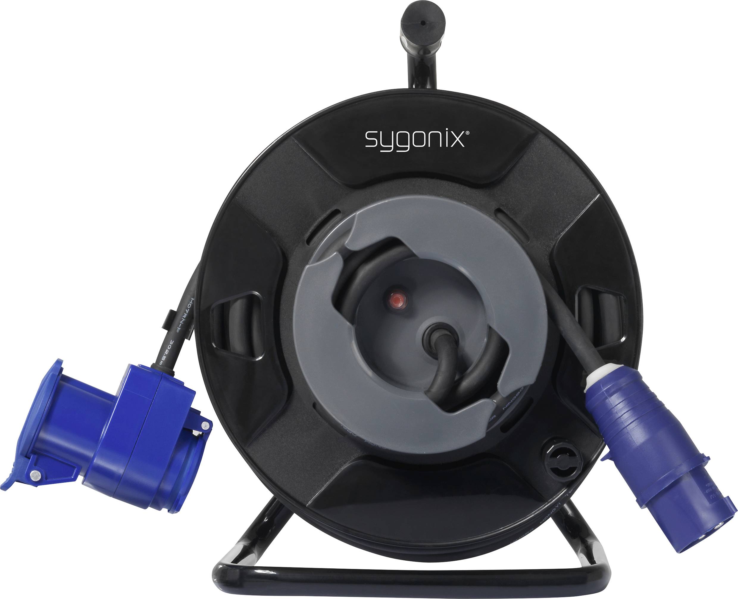 Avvolgicavo nero con prese blu, adatto per uso interno. Marca 'sygonix', con manico portatile superiore.