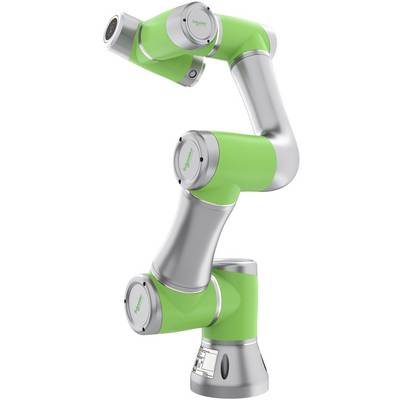 Un braccio robotico verde e argento con più articolazioni di Schneider Electric. Il braccio è in posizione piegata.