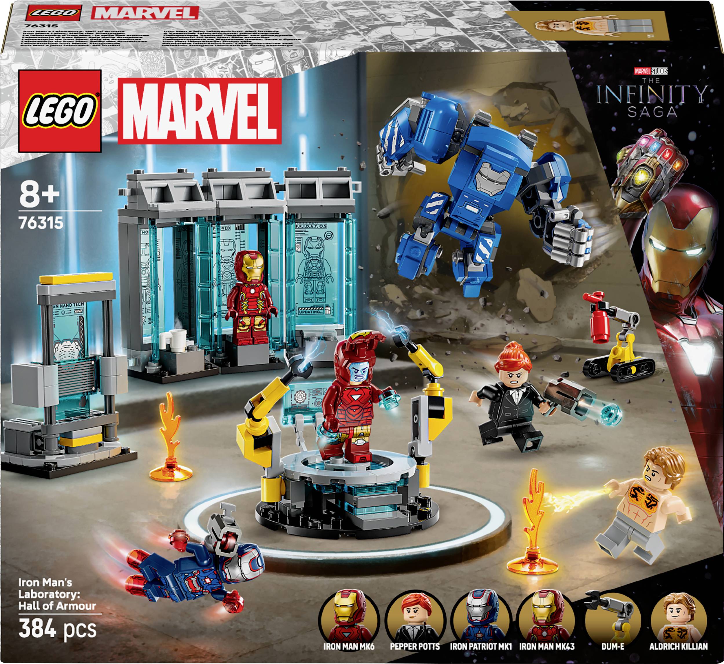 Set LEGO Marvel per bambini dagli 8 anni in su: Laboratorio di Iron Man. Include le minifigure di Iron Man, Pepper Potts e altri personaggi. 384 pezzi.