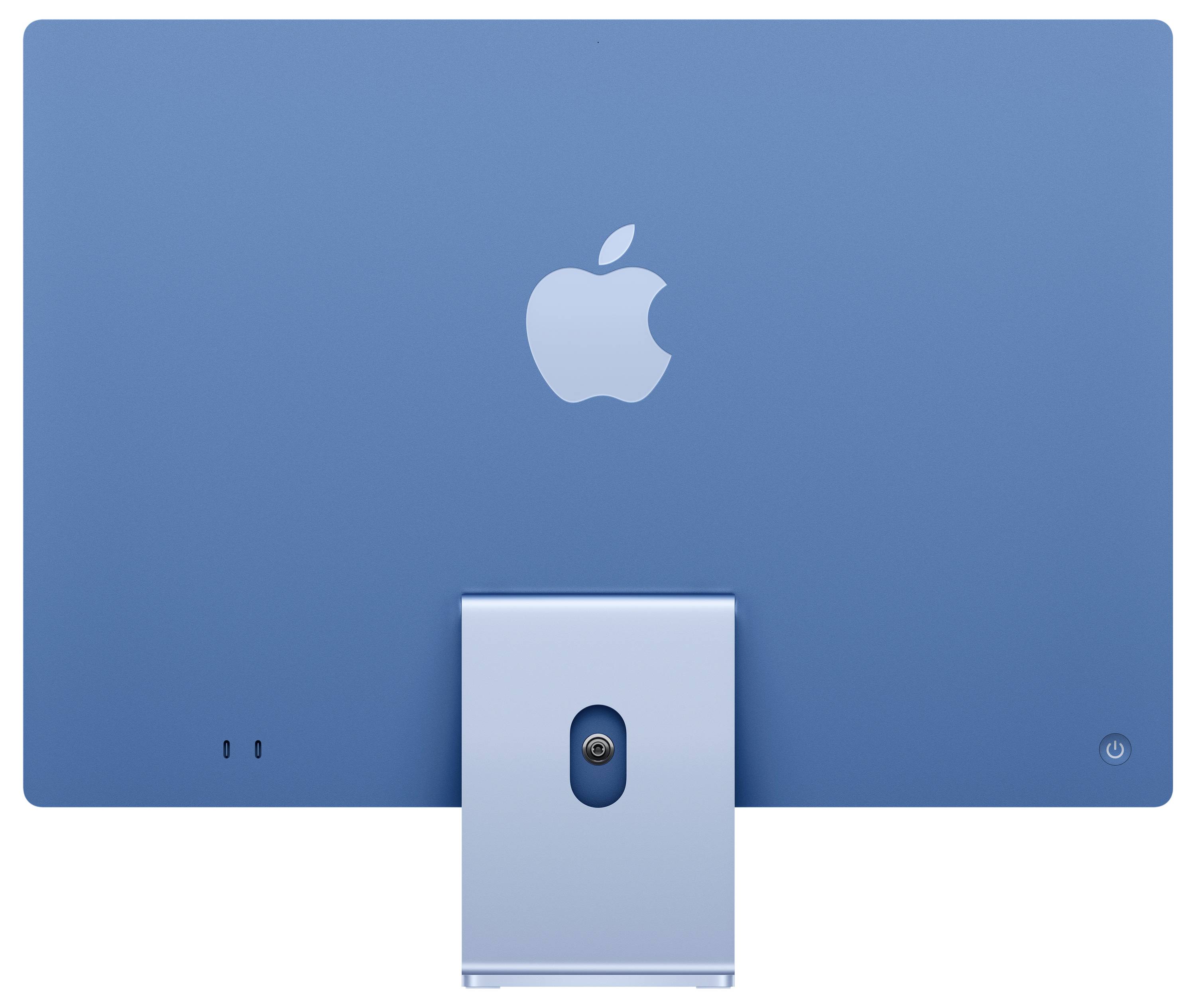 Uno schermo di computer blu con un logo Apple sul retro, elegantemente progettato con base integrata.
