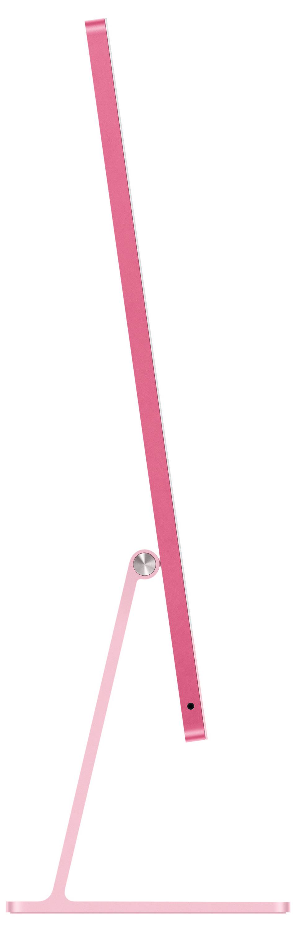 Un sottile schermo di computer rosa, visto di lato, poggiante su un supporto snello. Design moderno e minimalista.