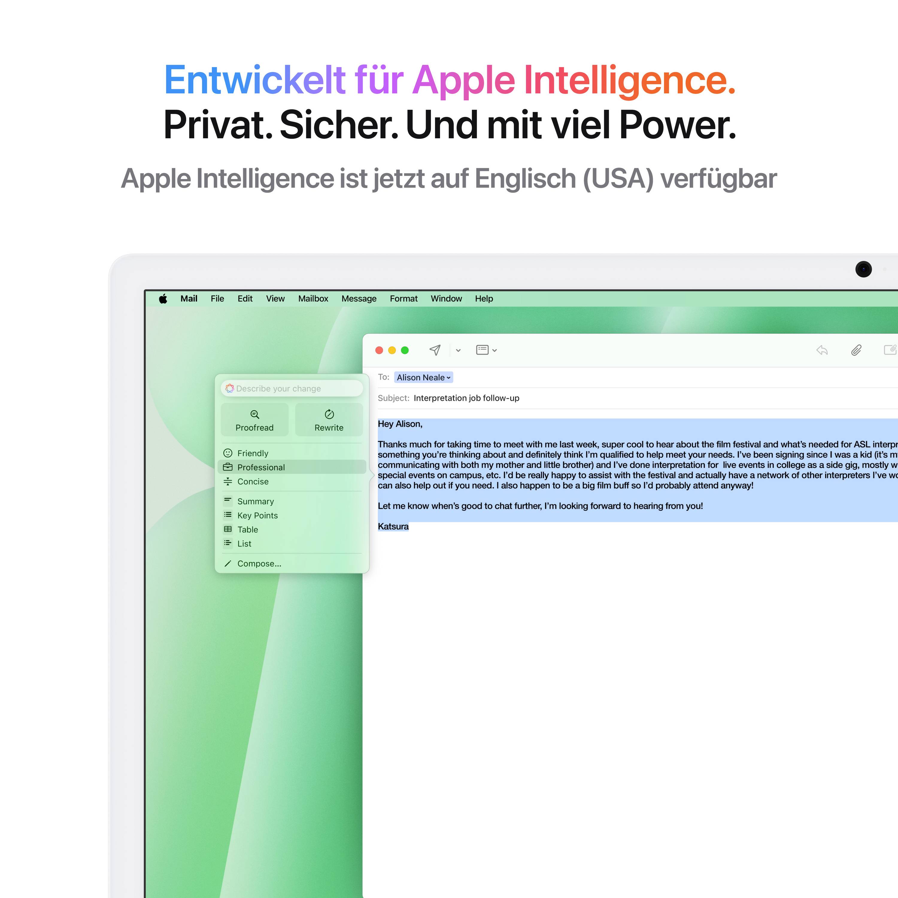 Uno schermo del computer con un'applicazione di posta elettronica e il testo 'Sviluppato per Apple Intelligence. Privato. Sicuro. E con molta potenza.'