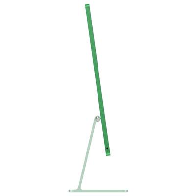 Sguardo sottile e laterale su un monitor per computer moderno, verde, poggiato su un supporto stabile. Design minimalista.
