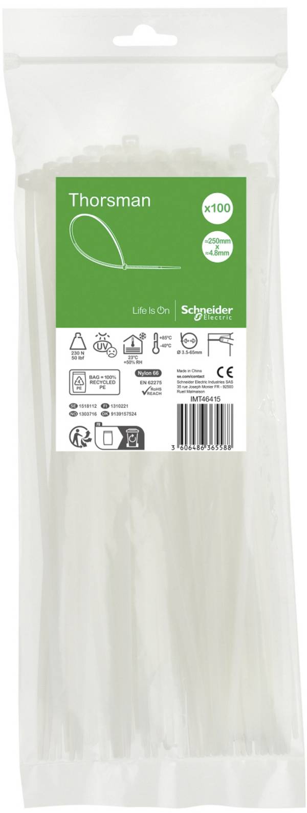 Schneider Electric IMT46415  Fascetta per cavi 250 mm 4.8 mm  Ritardante di fiamma, con chiusura a scatto 100 pz.