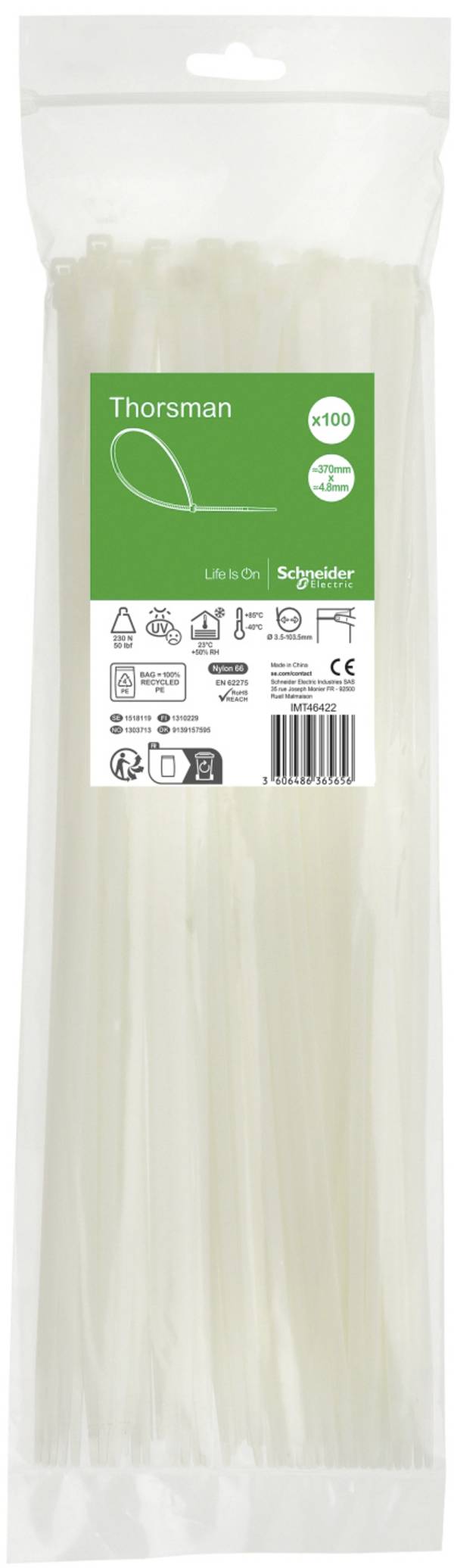 Schneider Electric IMT46422  Fascetta per cavi 370 mm 4.8 mm  con chiusura a scatto, Ritardante di fiamma 100 pz.