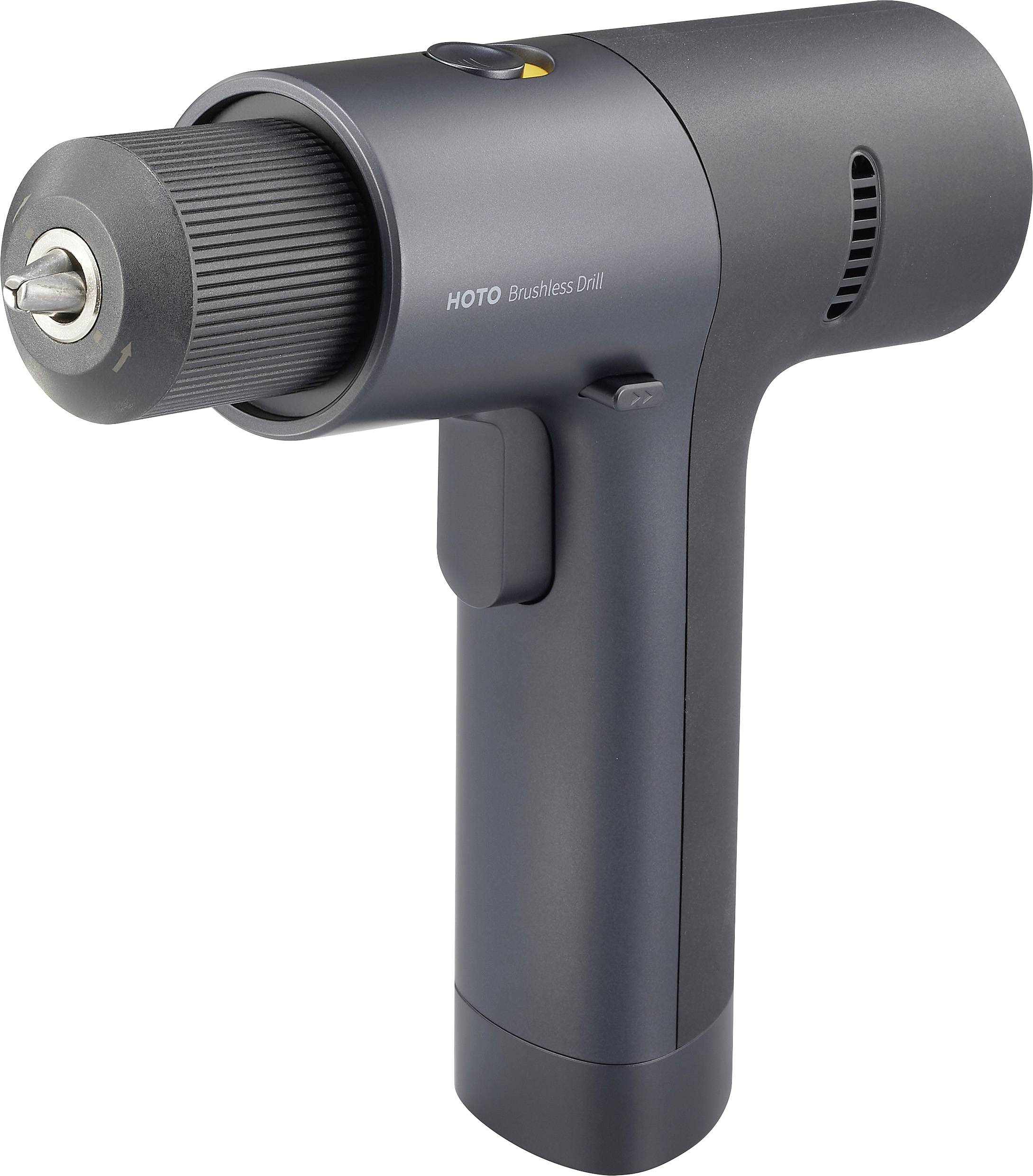 Trapano avvitatore a batteria in design nero, contrassegnato con 'HOTO Brushless Drill', con impugnatura ergonomica e testa di foratura regolabile.