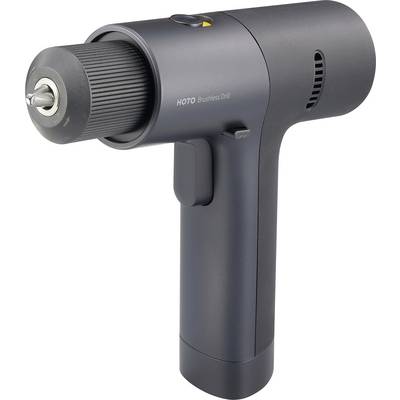 Trapano avvitatore a batteria in design nero, contrassegnato con 'HOTO Brushless Drill', con impugnatura ergonomica e testa di foratura regolabile.