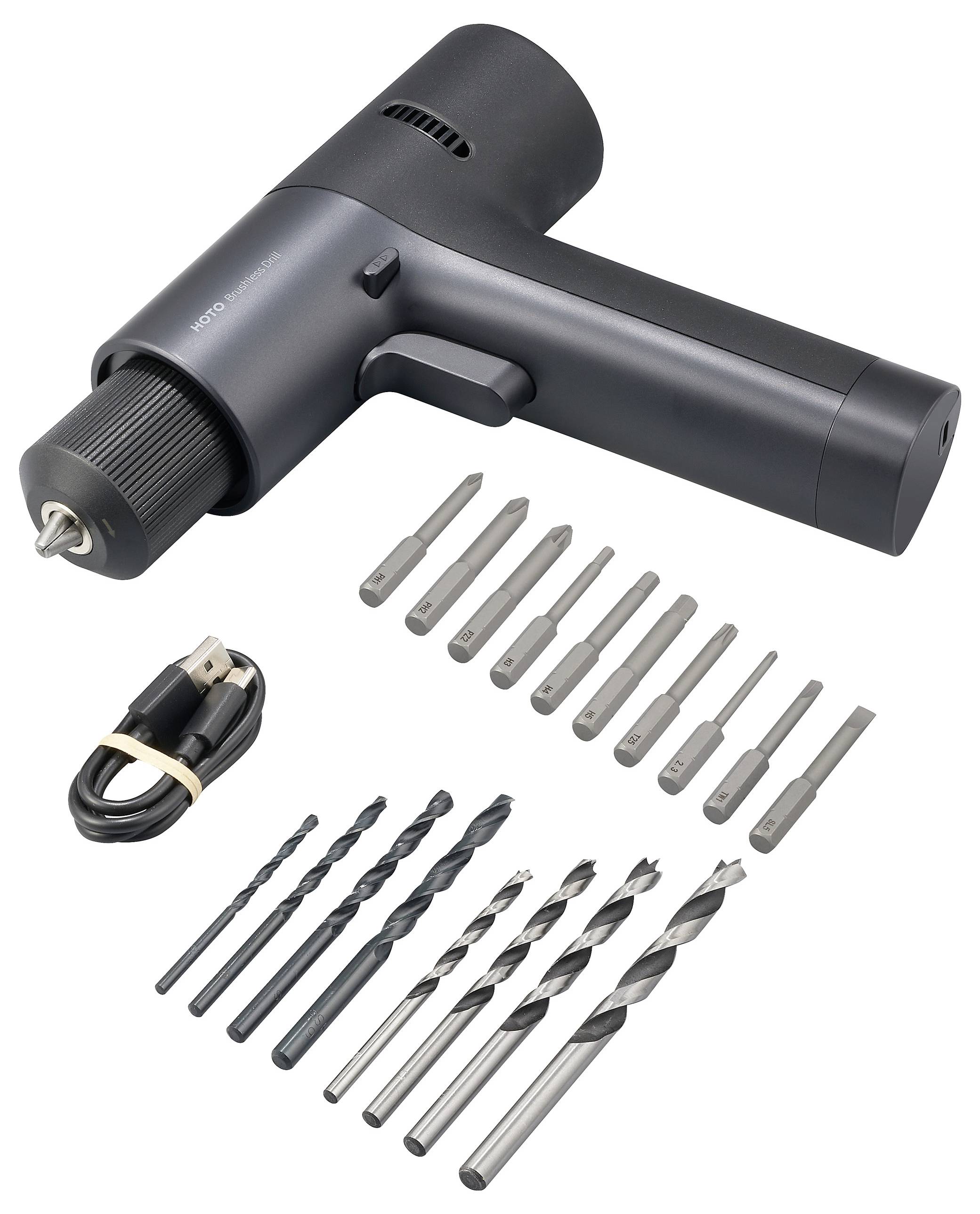 Trapano avvitatore elettrico nero con accessori: nove punte da trapano, sei teste per cacciavite e cavo di ricarica USB.