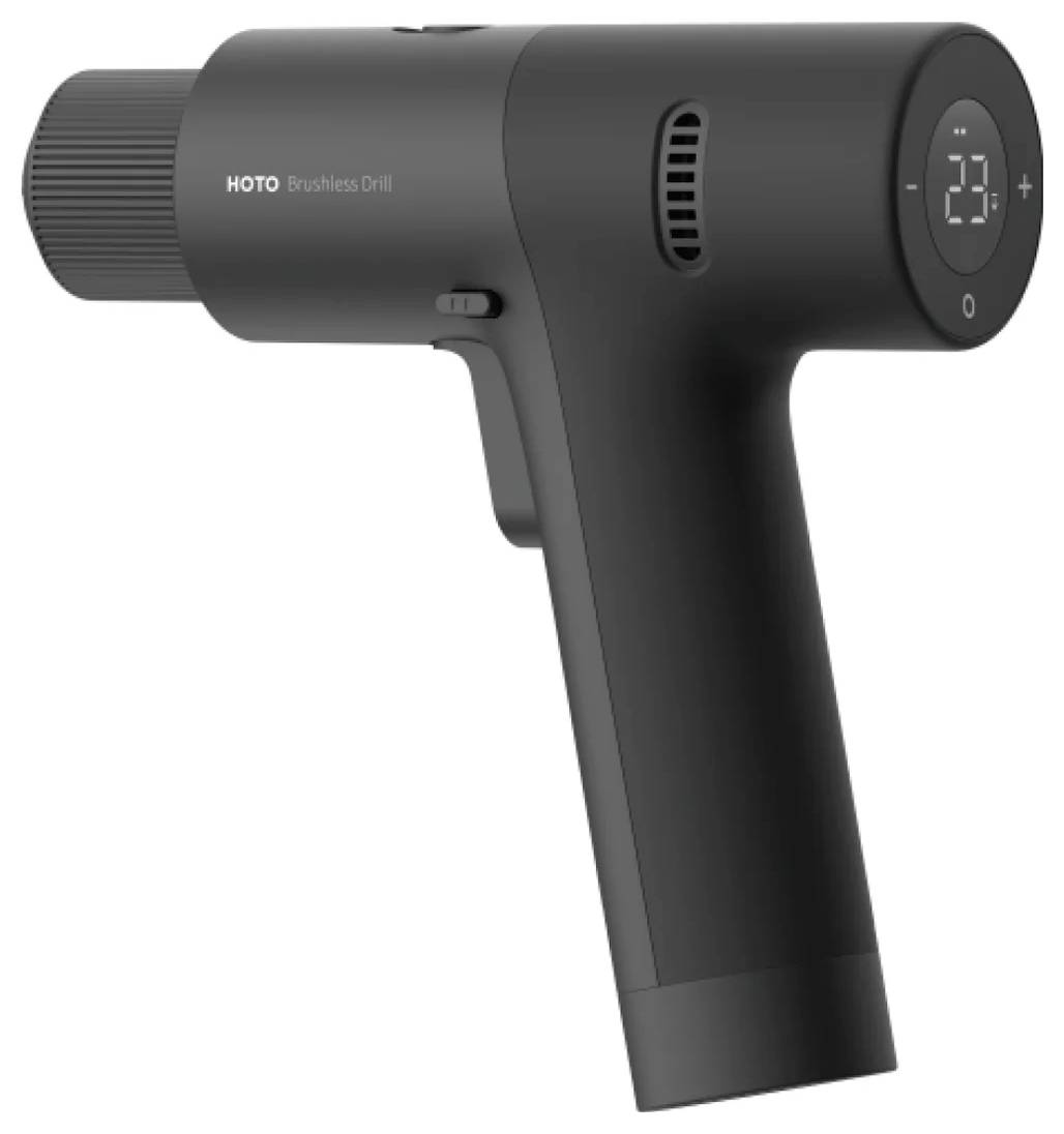 Un trapano senza fili nero con un display digitale sul lato che mostra '23' e un pulsante più/meno, etichettato 'HOTO Brushless Drill'.