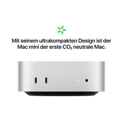 Un Mac mini argentato con porte USB, con il testo sottostante: 'Con il suo design ultra compatto, il Mac mini è il primo Mac a zero emissioni di CO₂.'