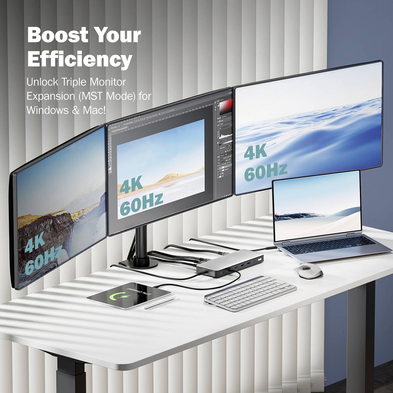 Una scrivania con un laptop, collegato a tre monitor 4K, mostra un'immagine. Testo: 'Aumentate la vostra efficienza'.