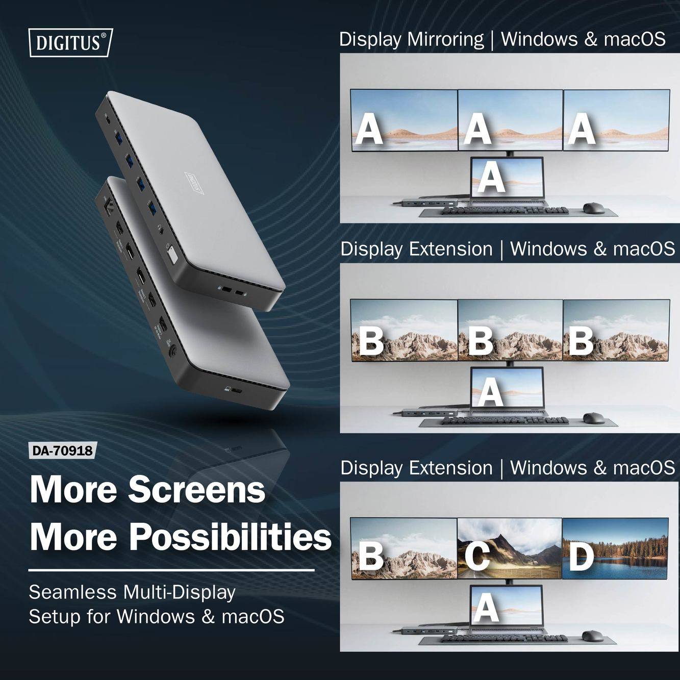 Il testo descrive un adattatore multi-display di Digitus, modello DA-70918, con funzioni di mirroring e estensione dello schermo per Windows e macOS.