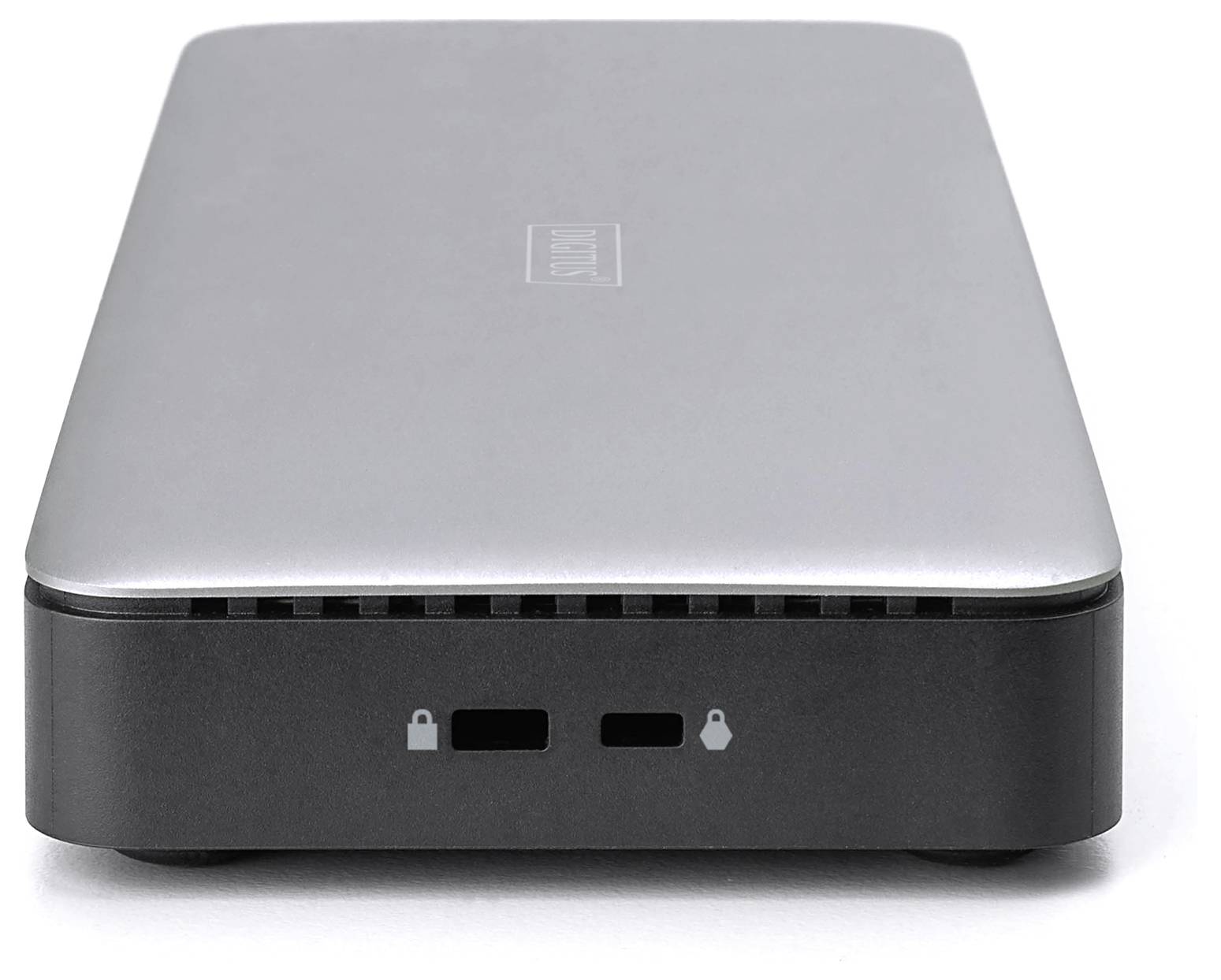 Un contenitore per hard disk esterno con parte superiore argentata e base nera, due porte USB e simboli di lucchetto sul lato frontale.