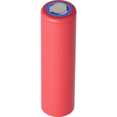 Una batteria agli ioni di litio rossa a forma di cilindro, con un cappuccio blu in alto, comunemente utilizzata in dispositivi elettronici portatili.