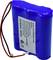 Batteria agli ioni di litio blu con due fili e etichetta con avvertenze di sicurezza, simboli CE e riciclaggio.