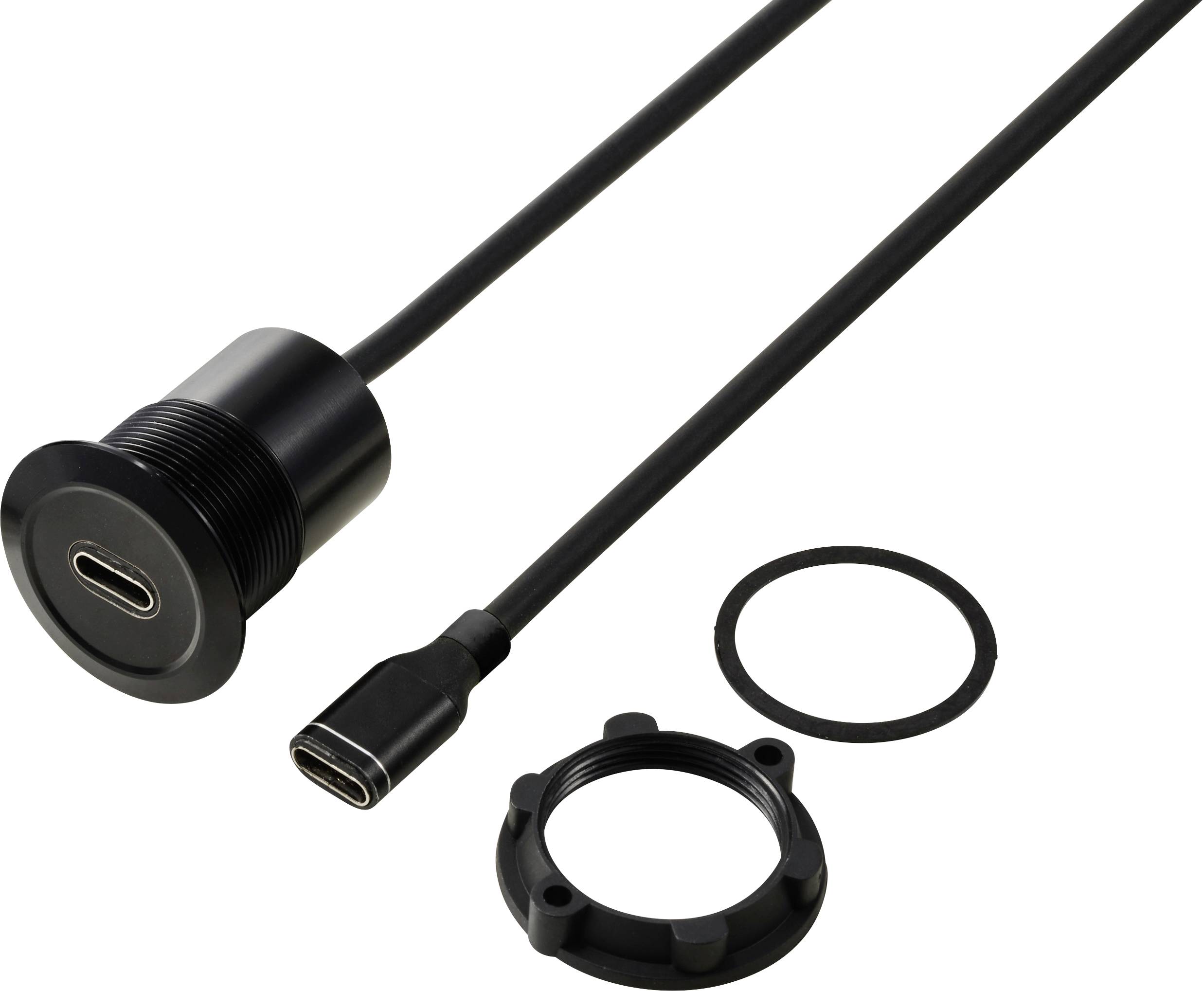 Presa USB-C da incasso con cavo, alloggiamento circolare e anello di montaggio, idonea per l'integrazione di dispositivi.