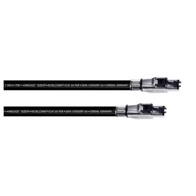 Due cavi Ethernet neri con connettori argentati, etichettati 'DATA CATEGORY 6A + CORDIAL GERMANY'.