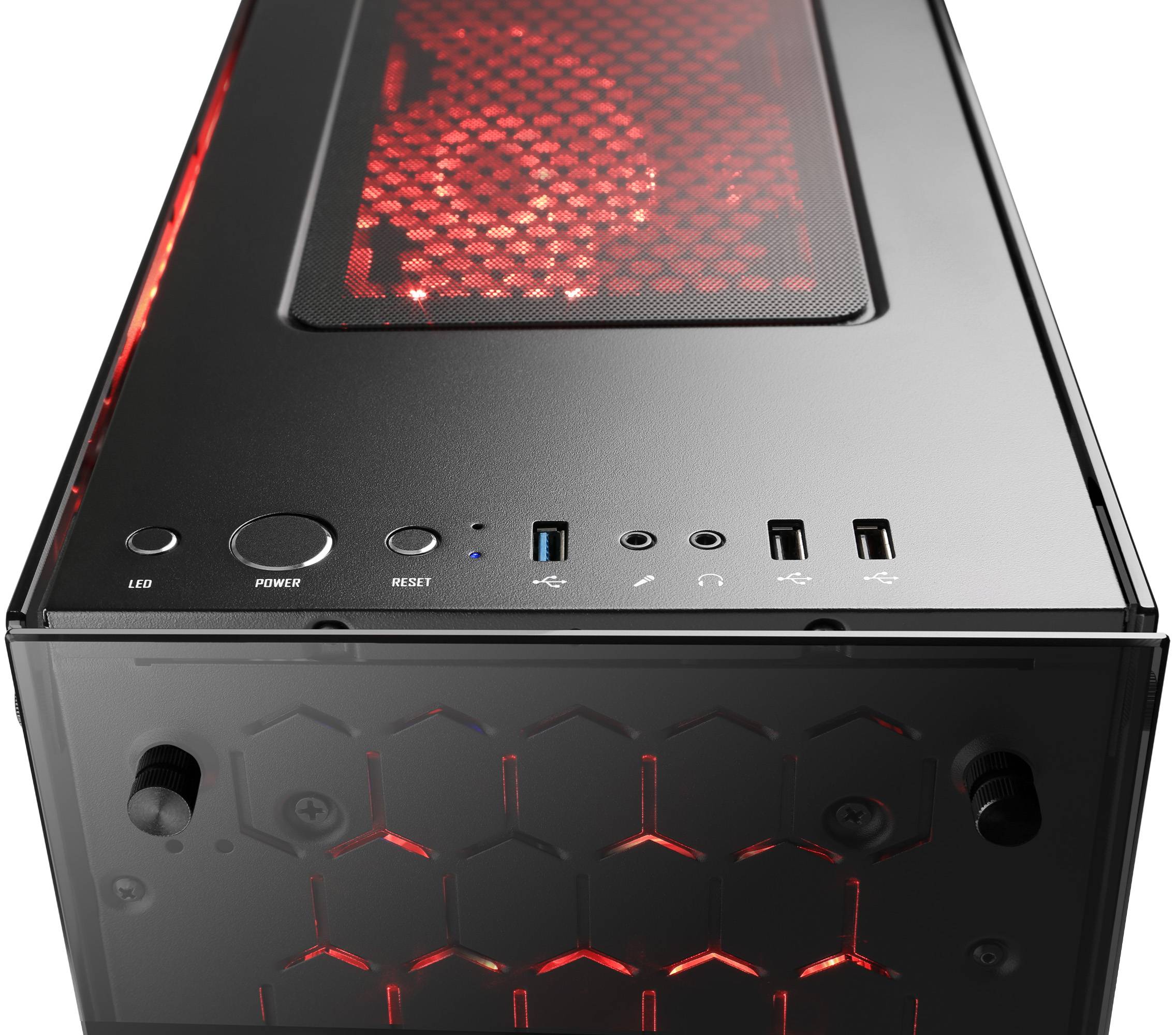 Custodia per computer nera con illuminazione LED rossa su lato superiore e frontale. Visibili connettori e tasto di accensione.
