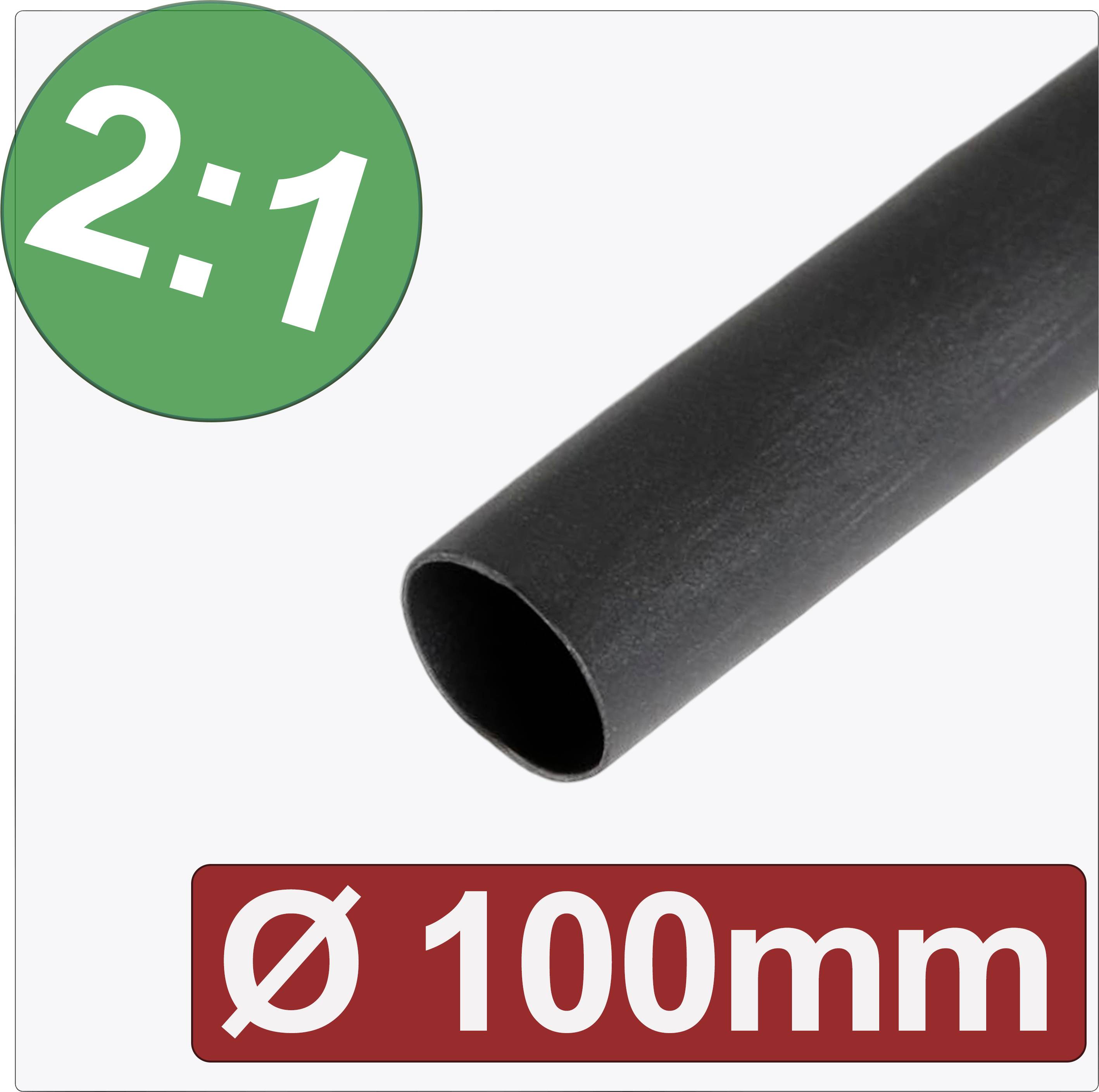Guaina termorestringente nera con diametro di 100 mm, rapporto di restringimento 2:1, raffigurata su sfondo bianco.