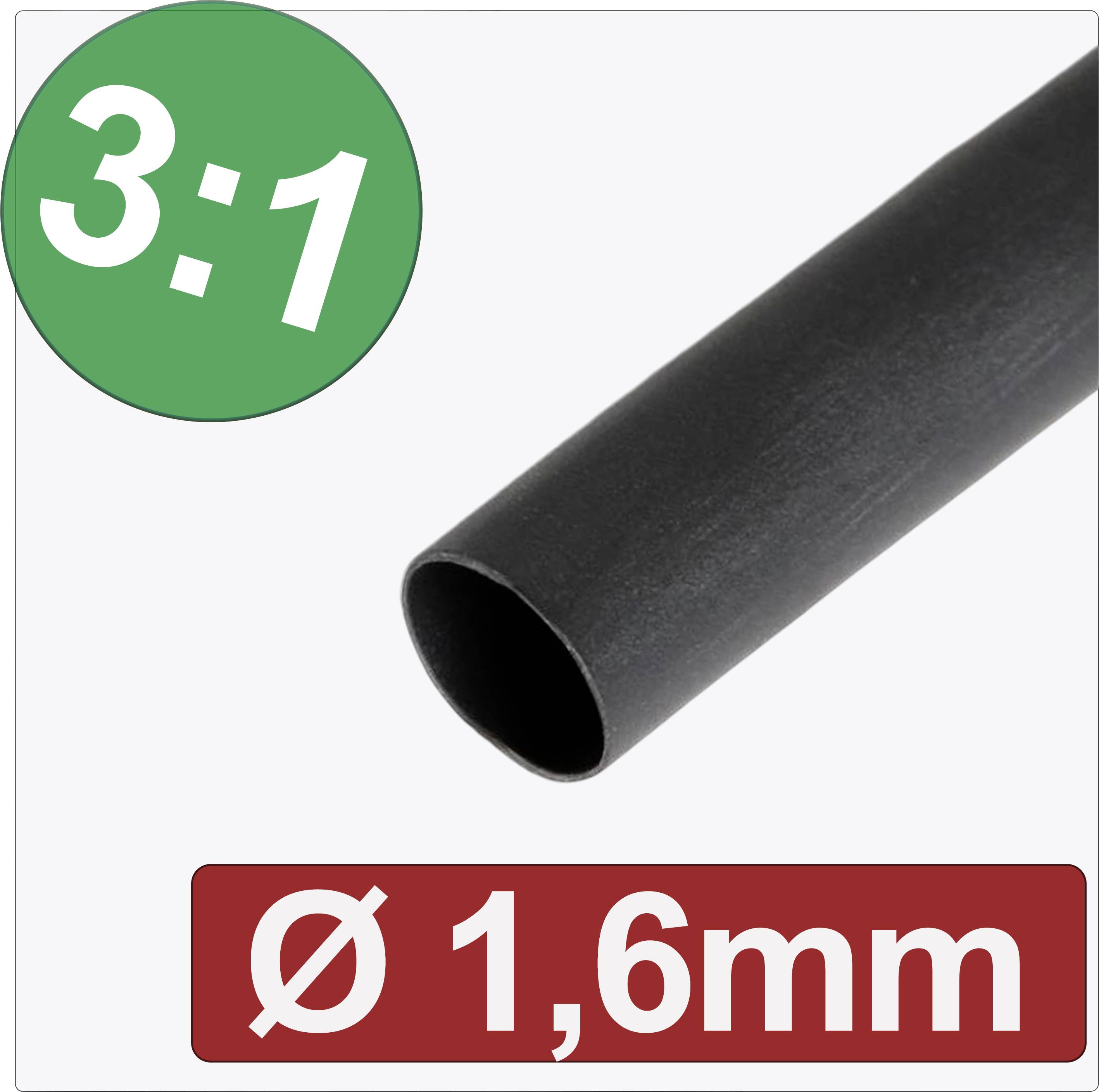 Guaina termorestringente, nera, rapporto di restringimento 3:1, diametro 1,6 mm