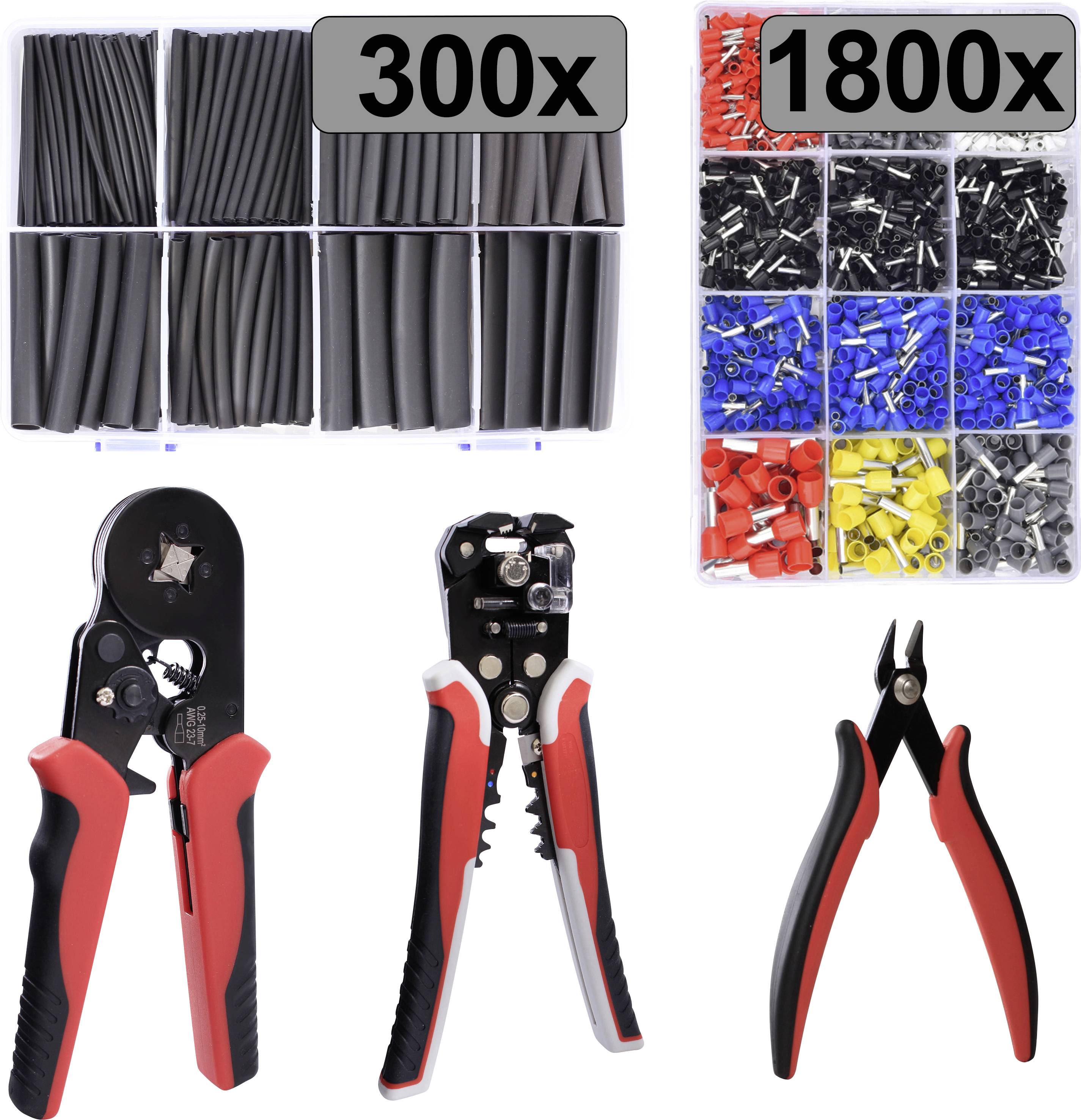 Set di attrezzi per crimping nero e rosso con capicorda in diversi colori e guaine termorestringenti, etichettati rispettivamente come set '300x' e '1800x'.