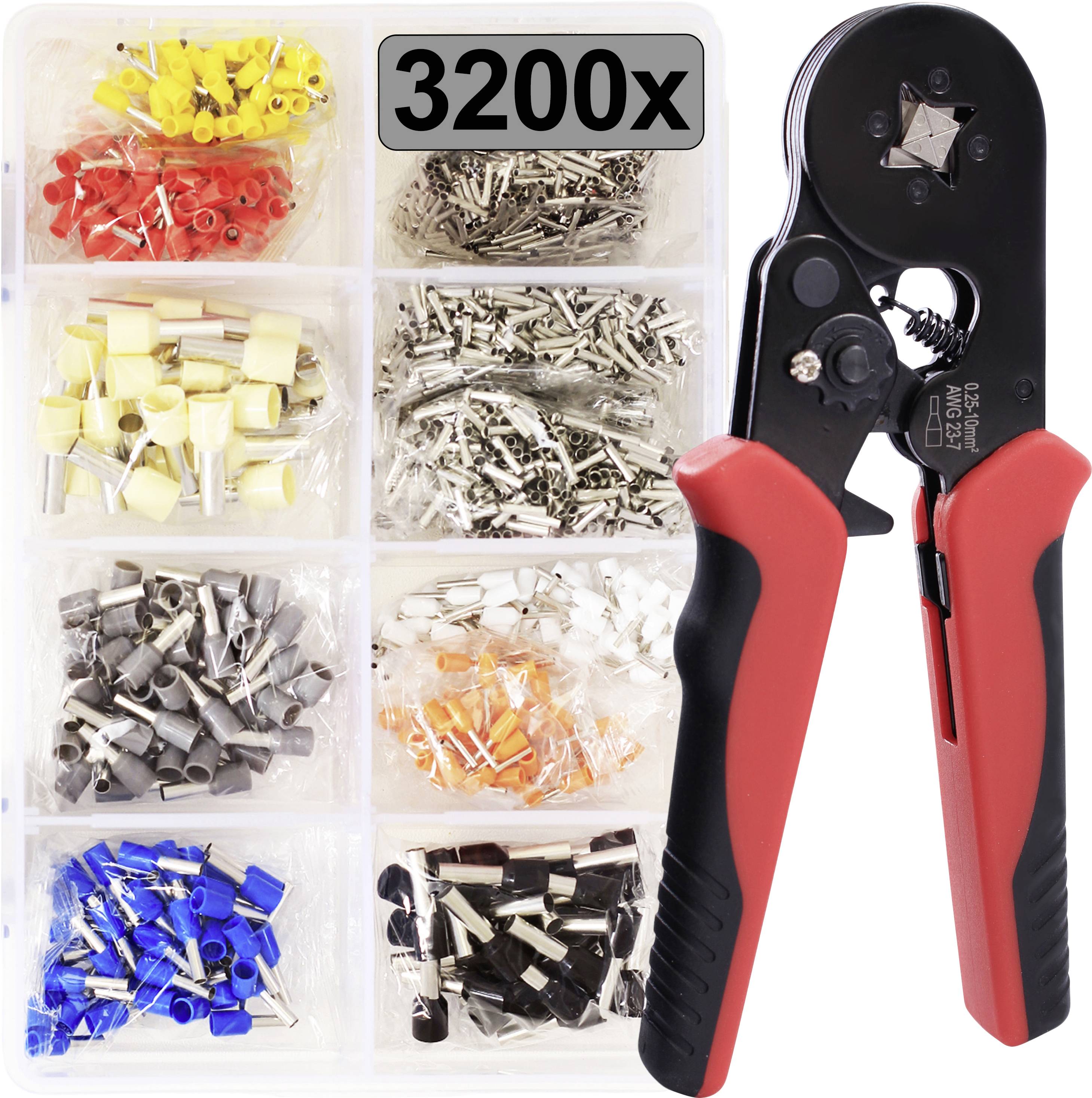 Un set con 3200 capicorda in vari colori e dimensioni accanto a una pinza crimpatrice con impugnature rosse e nere.