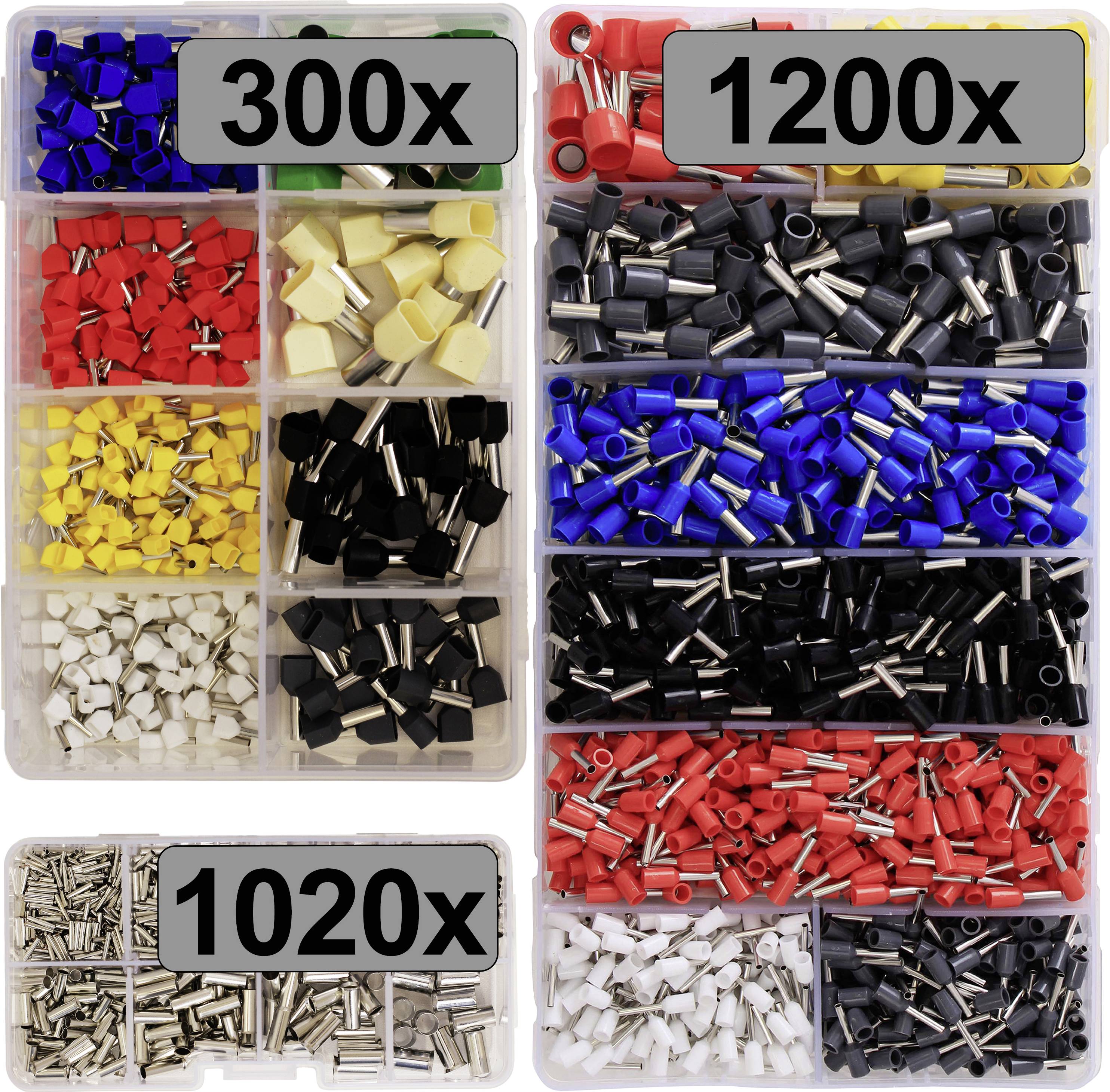 Assortimento di capicorda in diversi colori e dimensioni. Scatola principale: 300x, 1200x; scatola più piccola: 1020x.