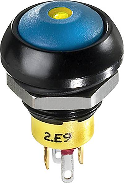Un pulsante rotondo blu con un segno giallo al centro, montato in un involucro di plastica nero.