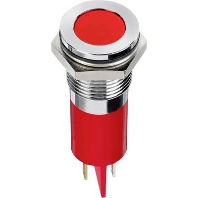 Pulsante rosso con guarnizione metallica, cilindrico, adatto per circuiti elettrici; vista laterale.