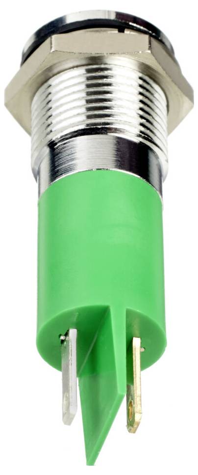 Un indicatore a LED verde con fissaggio metallico, adatto per dispositivi elettronici per l'indicazione dello stato.