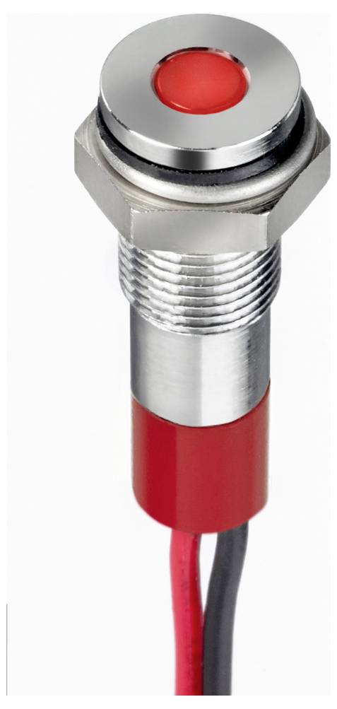 Un bottone metallico rosso con filettatura e cavi rossi e neri, probabilmente per il controllo di macchine o dispositivi elettrici.