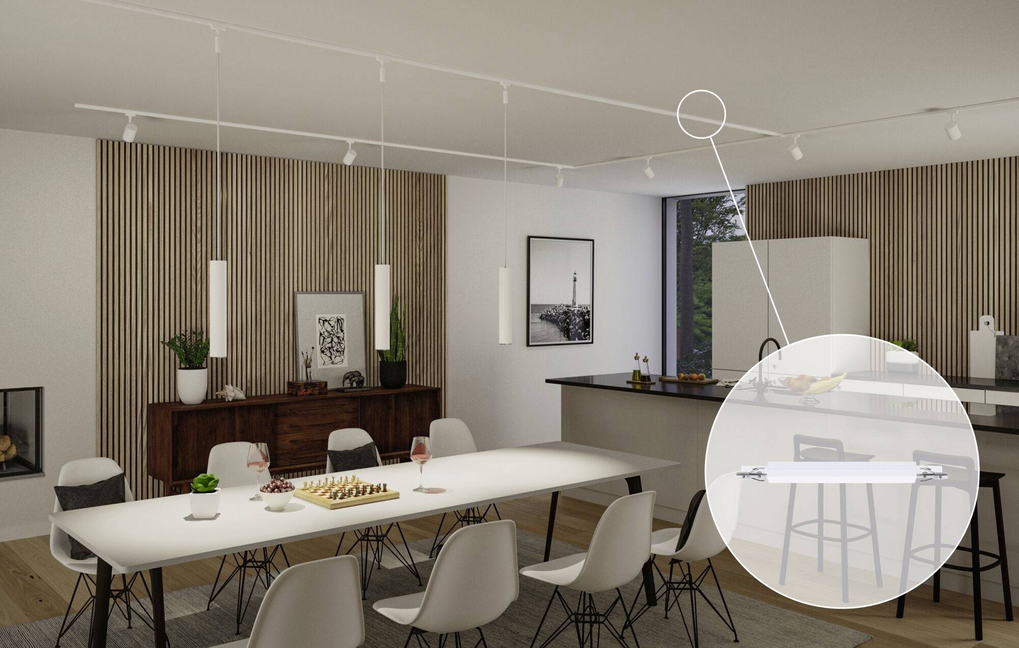 Sala da pranzo con un tavolo lungo, sedie bianche e rivestimento in legno. Primo piano di un dettaglio della lampada montata sul soffitto.