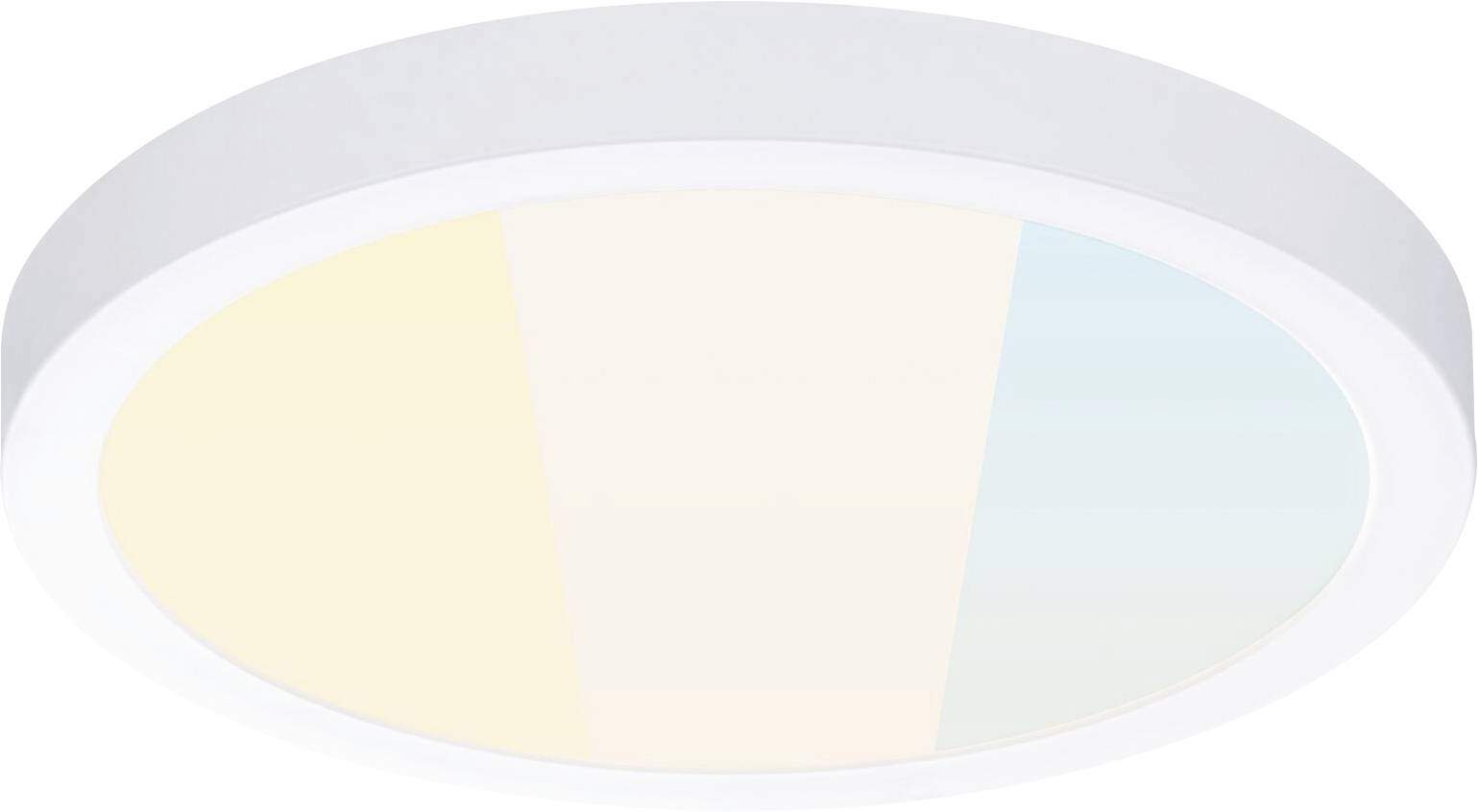 Plafoniera rotonda con cornice bianca, presenta tre segmenti colorati: giallo caldo, beige e azzurro chiaro, simboleggia un'illuminazione variabile.