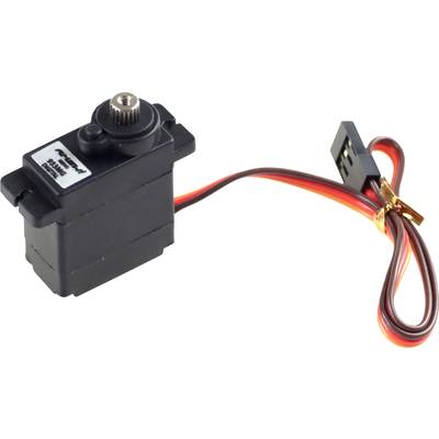 Un piccolo motore elettrico nero con cavi rosso-gialli, noto come servo, viene comunemente utilizzato in robotica e modellismo.