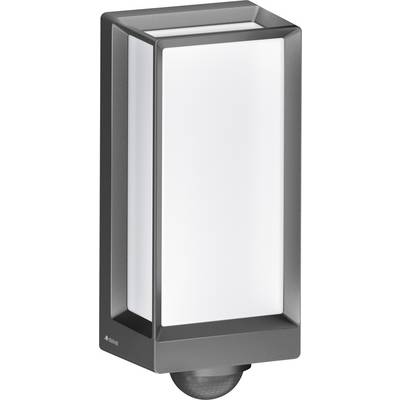 Lampada da esterno dal design moderno, rettangolare con sensore di movimento inferiore, cornice grigia e pannello luminoso bianco per il montaggio a parete.