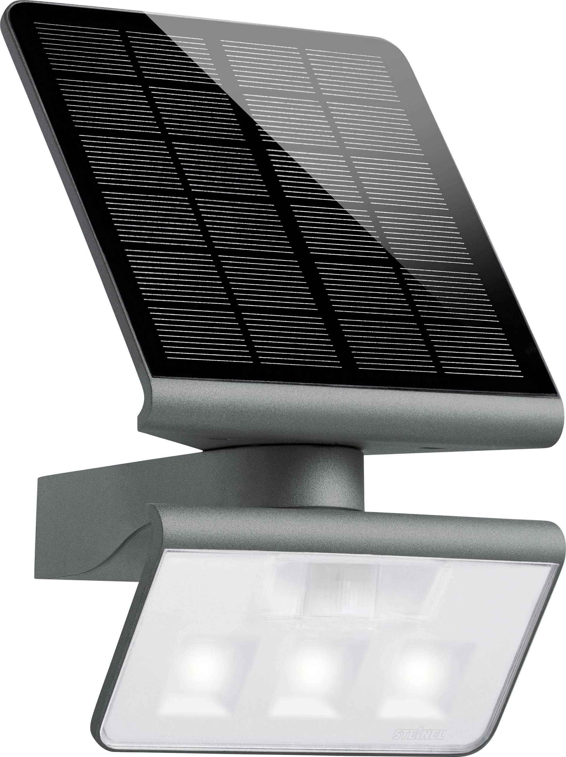 Lampada solare da parete con pannello solare superiore e luci LED inferiori, idonea per esterno.