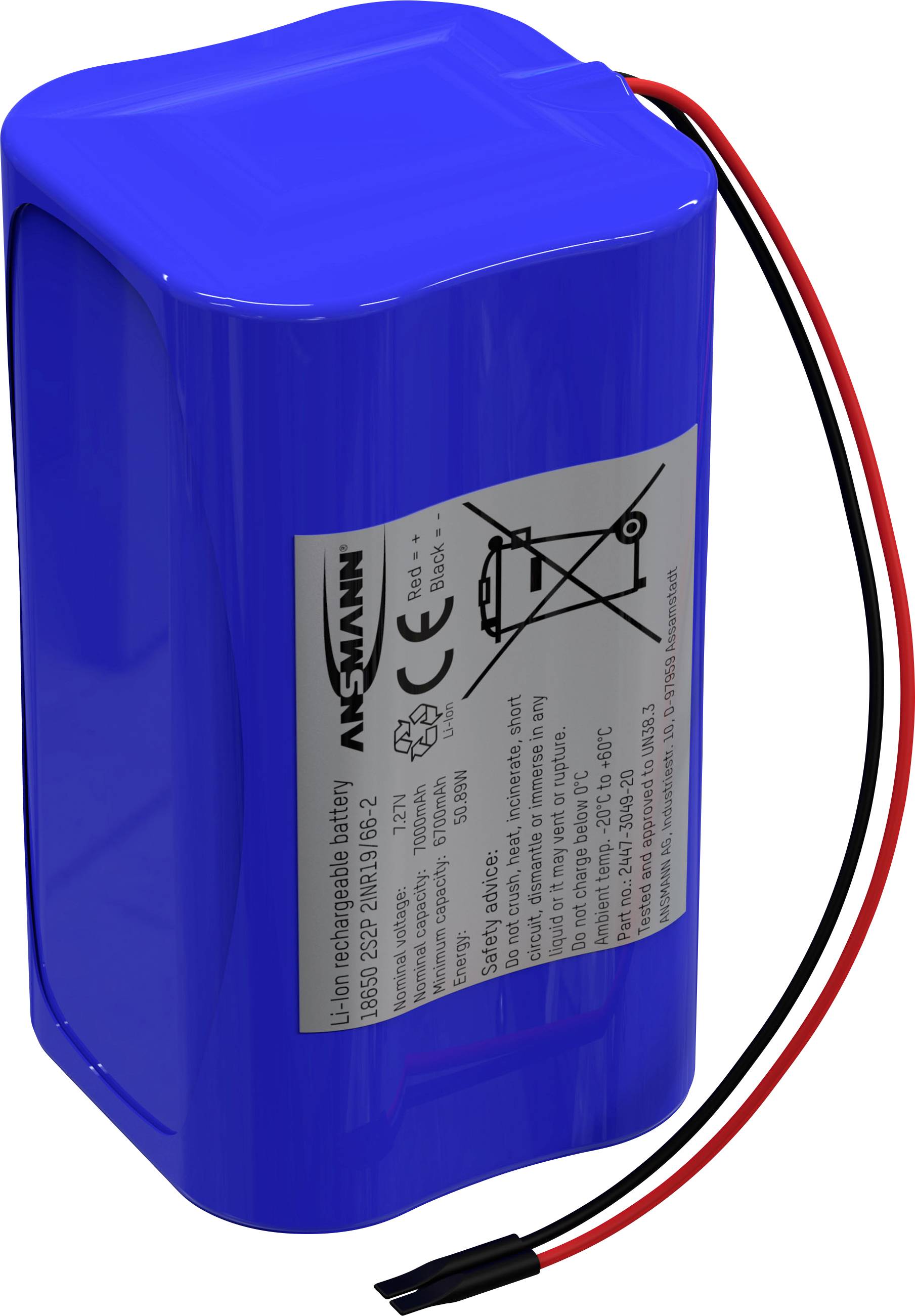 Una batteria agli ioni di litio blu e rettangolare con due cavi sporgenti. Etichetta con specifiche tecniche sul lato anteriore.