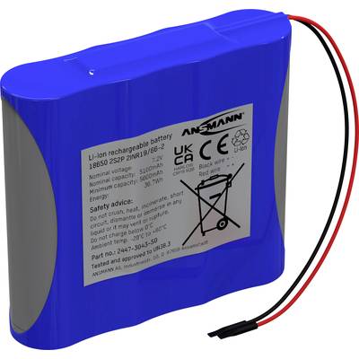 Batteria Li-Ion blu ANSMANN, modello 18650 2S2P. Capacità 5000mAh, tensione 7,2V. Avvertenze sulla parte anteriore.