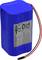 Batteria ricaricabile agli ioni di litio blu con cavo rosso e nero e etichetta con specifiche.
