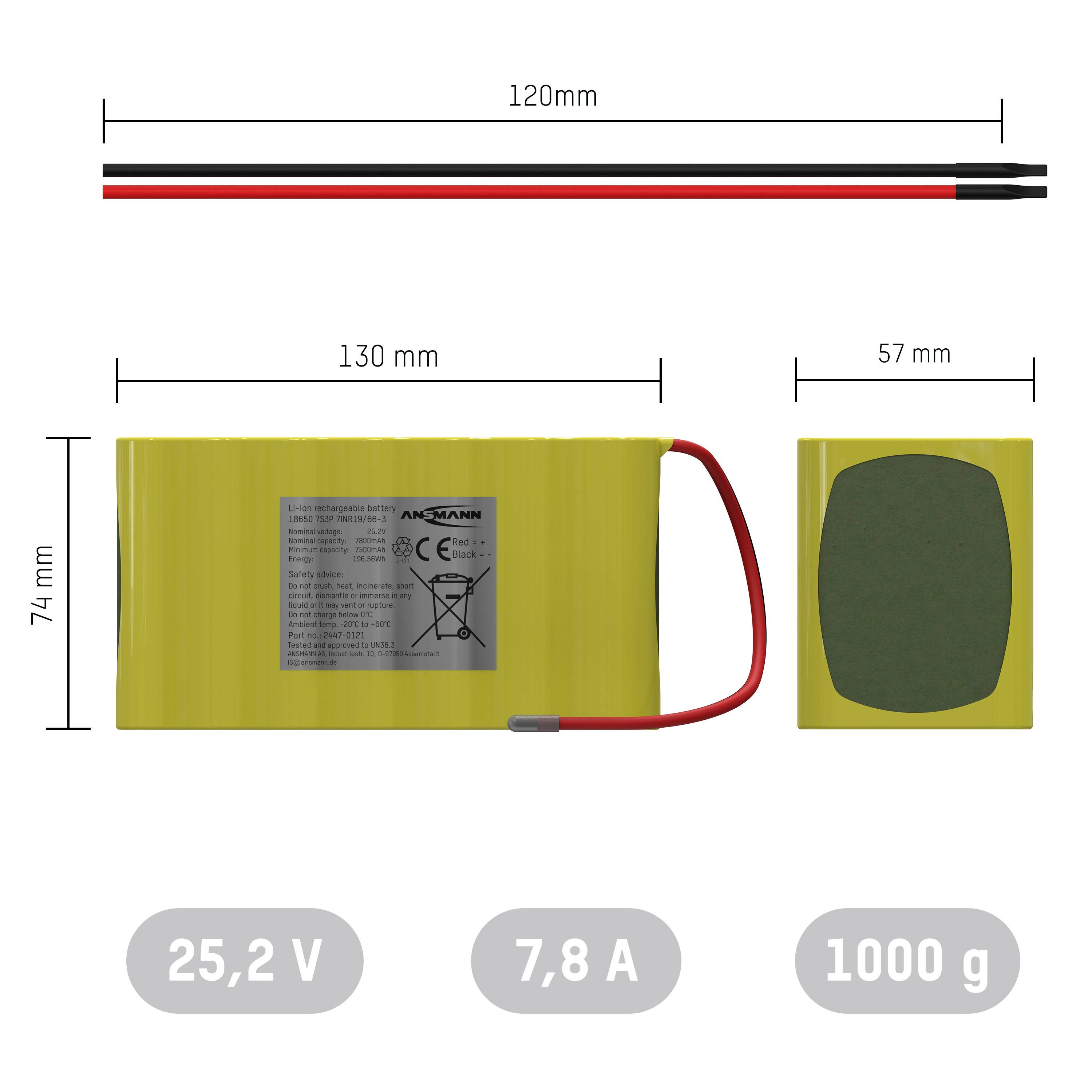 Batteria al litio gialla con dimensioni: 130 mm x 74 mm x 57 mm. Cavi rossi e neri, 25,2 V, 7,8 A, 1000 g. Marchio CE visibile.