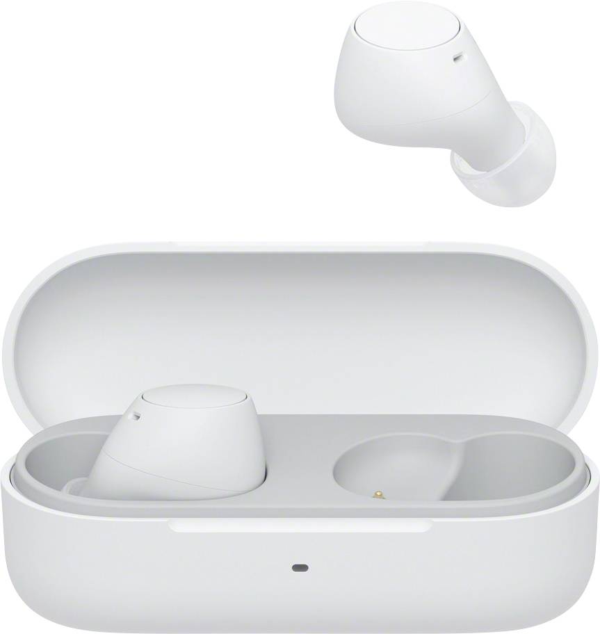 Un auricolare bianco wireless è posizionato fuori dal suo cuscinetto di ricarica aperto; l'altro auricolare è inserito nel cuscinetto.